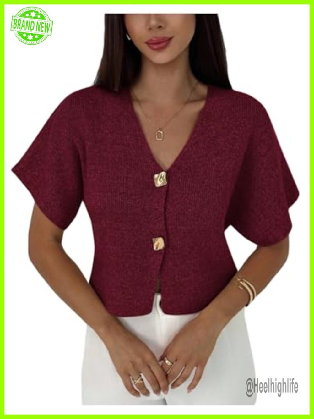 Women's Short Sleeve V Neck Button Front Rib Knit Cardigan Sweater